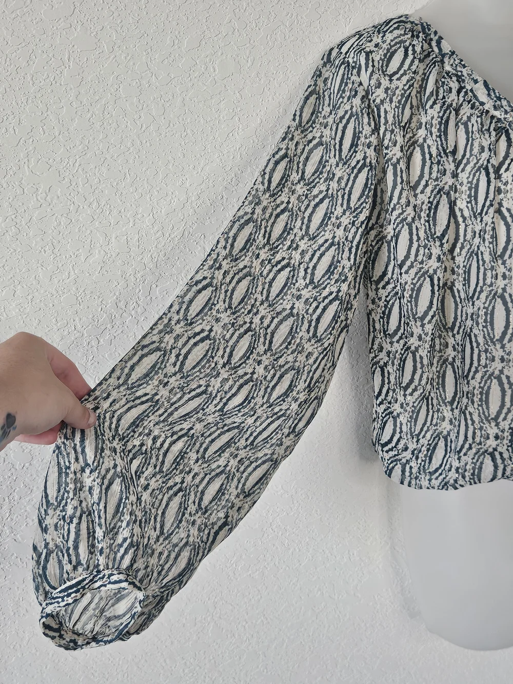 Zara M Blue Cream Abstract Print Metallic Gold Stripe Balloon Sleeve Blouse